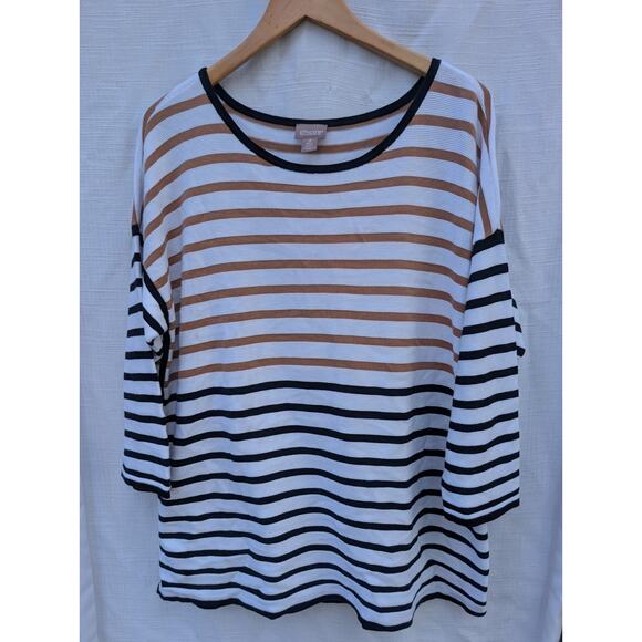 Chicos Womens Textured Knit Striped 3/4 Sleeve Top Sz 3 16/18 Neutral Minimalist - Picture 1 of 7